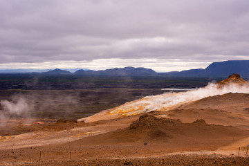 Namafjall Hverir geothermal area in North Iceland. Sulfur fields near of Mývatn lake, Iceland, Europe.