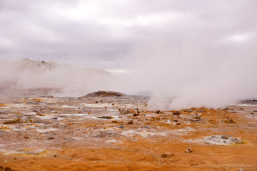 Namafjall Hverir geothermal area in North Iceland. Sulfur fields near of Mývatn lake, Iceland, Europe.