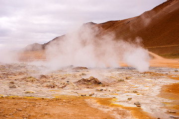 Namafjall Hverir geothermal area in North Iceland. Sulfur fields near of Mývatn lake, Iceland, Europe.