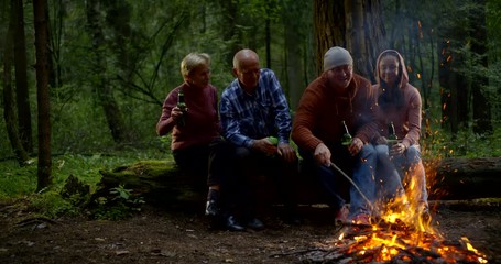 elderly spouses and their adult children are resting together in forest near campfire, drinking beer