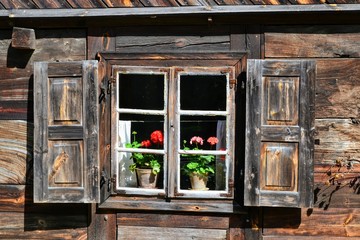 Detailed view of an old wooden window with a flowered window 