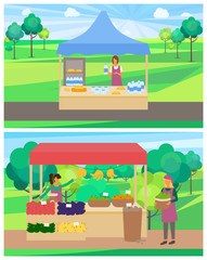 Vegetables shop with organic products vector, woman selling ingredients from farm. Milk and dairy production, milk in bottles, fridge with food set in park. Flat cartoon