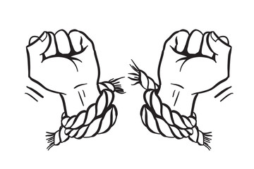 Hands tearing shackles. Concept of freedom. Hands tied with rope