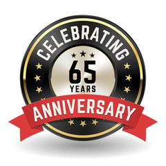 Fototapeta premium Celebrating 65 Years - Gold Anniversary Badge With Red Ribbon