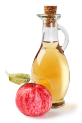 Fresh ripe apples and apple cider vinegar. White background.