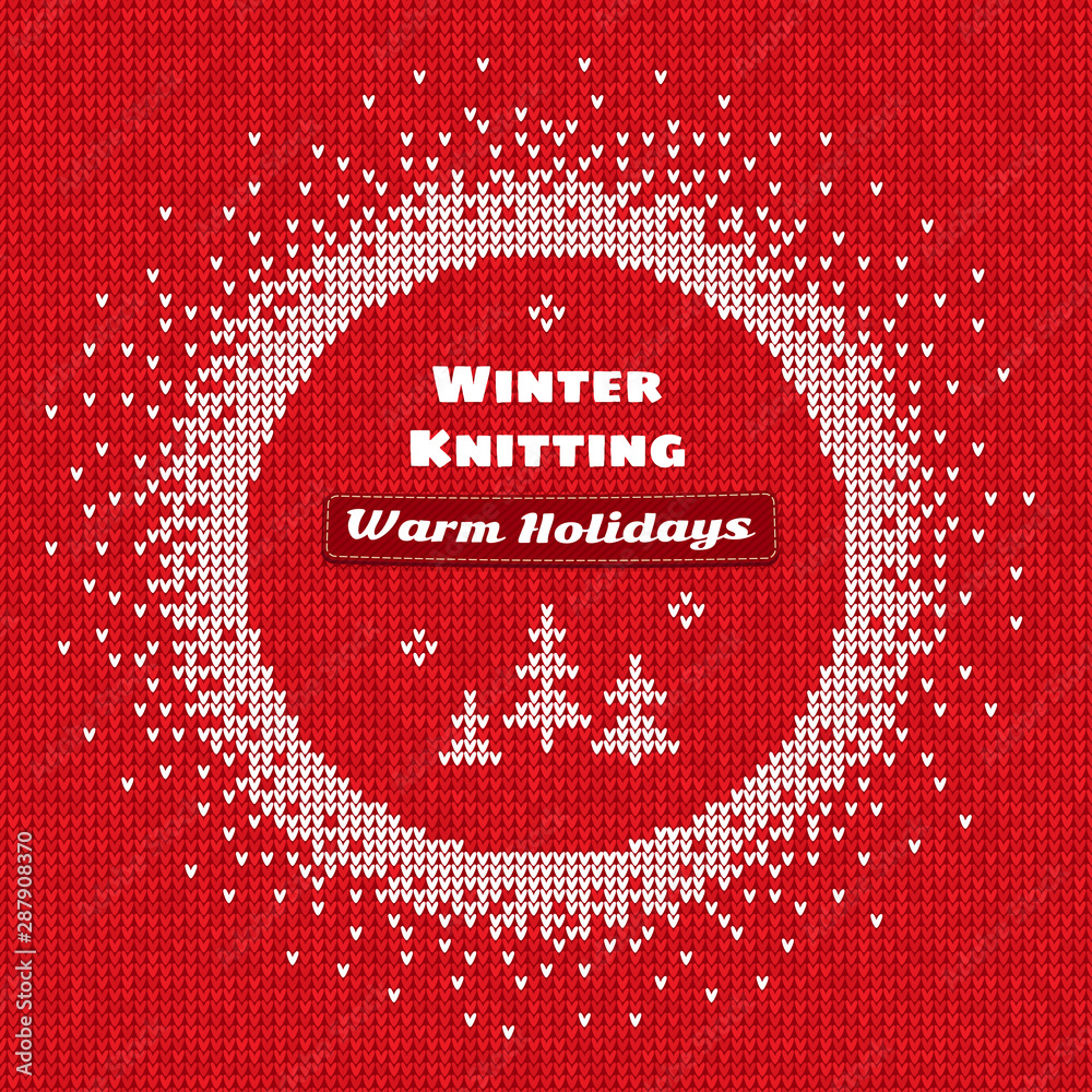 Wall mural handmade knitted seamless abstract background red pattern with white round frame and text: winter kn