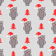 Cute owl. Happy New Year and Christmas holiday. Seamless pattern.