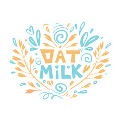 Oat milk hand drawn lettering. Spikes and grains of oats. A handful of oats seed. Template for banner, card, poster, print and other design projects.