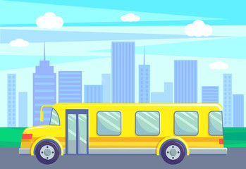 Naklejka premium School bus riding on road of small town vector, cityscape with skyscrapers and high buildings. City with green parks and grass by highway, minibus. Flat cartoon