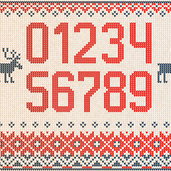 Fototapeta na wymiar Handmade knitted abstract background pattern with scandinavian ornaments and set of figures. White, red, blue colors. Flat style.