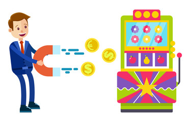 Man wearing formal clothes in casino vector, isolated character with magnet pulling money out of slot machine. Gambling gambler with fortune wheel and coin. Flat cartoon