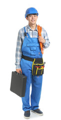 Male electrician with tools on white background