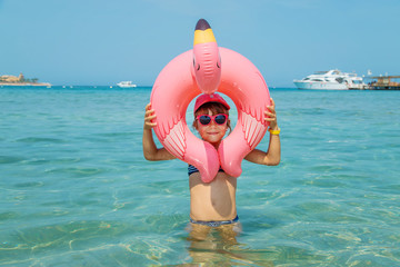 child at sea resting. Journey. Selective focus.
