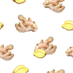 Ginger root hand drawn watercolor illustration. Seamless pattern.