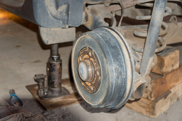 Replacement or repair of wheels on the car. Disc brake