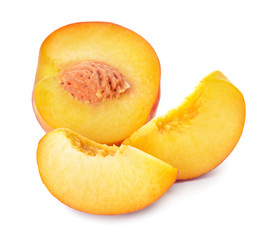 Ripe cut peach on white background