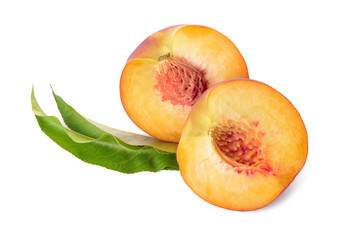 Ripe cut peach on white background