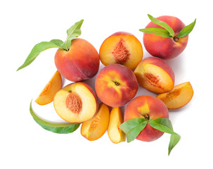 Ripe peaches on white background