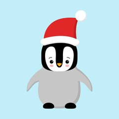 Cute Penguin wearing Santa Claus hat standing on sky blue background flat design vector illustration.
