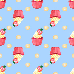 Sweet delicious watercolor pattern with cupcakes. Hand-drawn background. illustration.