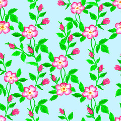Wild roses watercolor seamless pattern. Flowers, leaves. Floral background. Fabric design, wallpaper