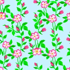Behang Wild roses watercolor seamless pattern. Flowers, leaves. Floral background. Fabric design, wallpaper © ElenChi