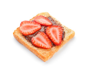 Tasty toasted bread with strawberry and chocolate on white background