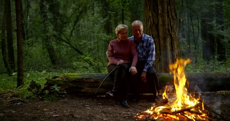 aged loving pair is sitting on log in forest together and admiring flame of campfire