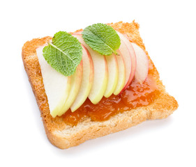 Tasty toasted bread with fruit jam on white background
