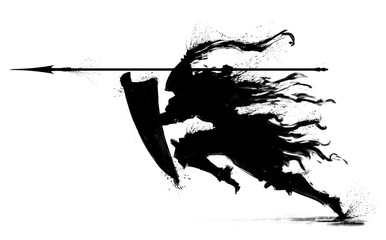 The silhouette of a knight in a dynamic pose with a spear and a sword, swiftly attacks. 2d Illustrations.