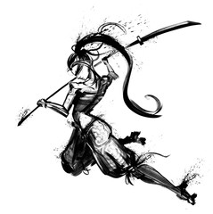 A ninja woman with a blindfold and a naginata in her hands , swiftly attacks. 2D Illustrations. © warmtail