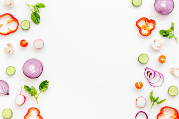 Frame of colorful vegetables on white background top view mock up