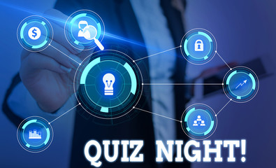 Writing note showing Quiz Night. Business concept for evening test knowledge competition between individuals Woman wear formal work suit presenting presentation using smart device