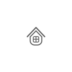 Flat black home with white door. Simple silhouette of the house with big roof and chimney. Icon isolated
