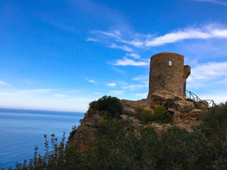 PALMA DE MALLORCA, SPAIN, Balearic.  Watchtower west coast on the island  of Palma de Mallorca. Tower of the virgin. (Torre del verger). Landscape