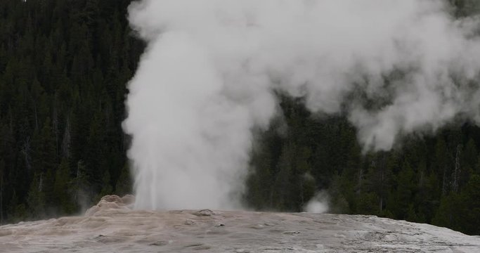 Yellowstone National Park Old Faithful steam venting. Cone geyser predictable geothermal ecosystem environment. Caldera superolcano. Biology geography and ecology.