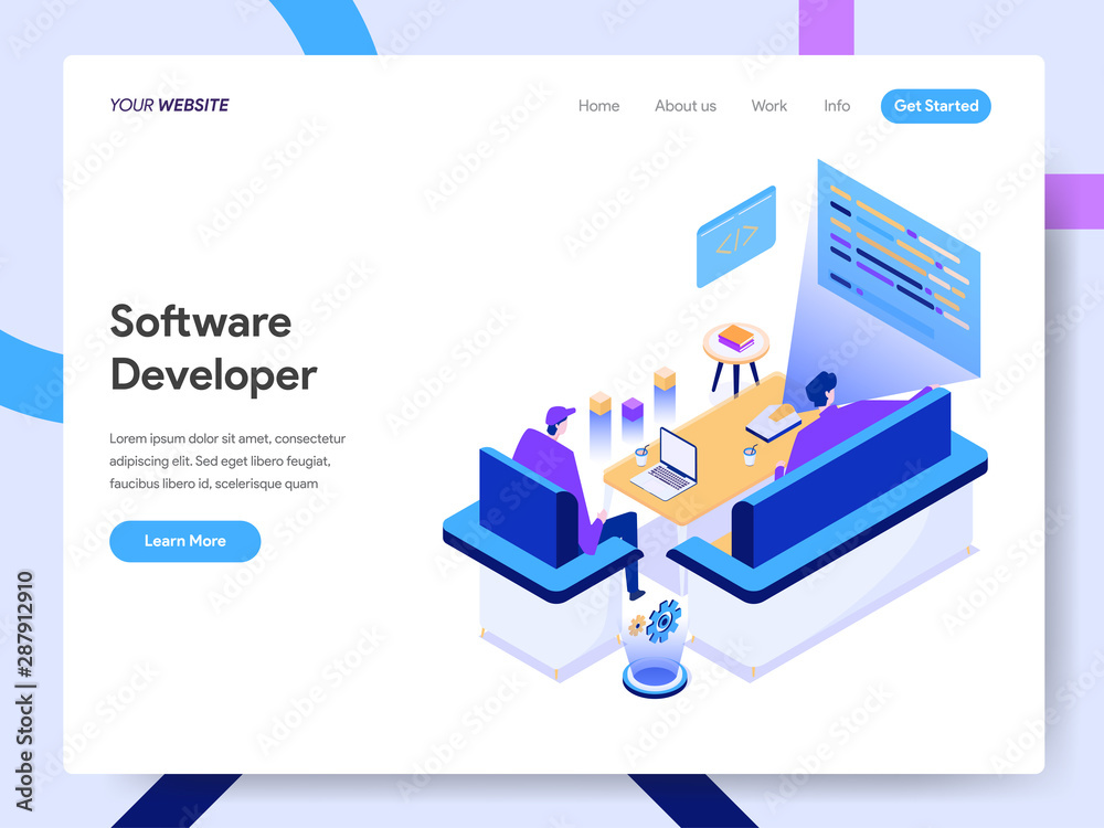 Poster landing page template of software developer isometric illustration concept. modern design concept of