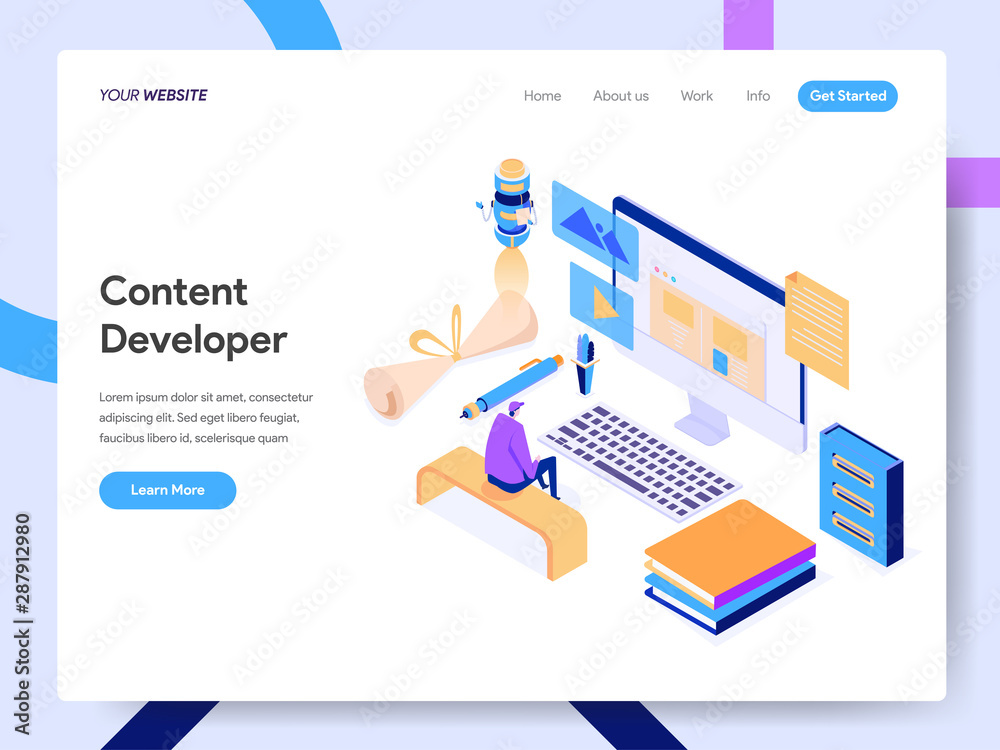Poster landing page template of content developer isometric illustration concept. modern design concept of 