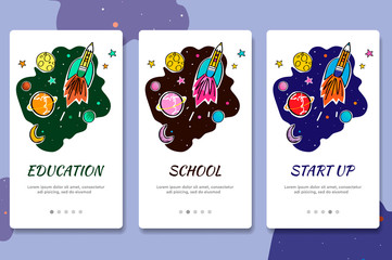 Web site onboarding screens. Online education. Digital internet tutorials and courses. Menu vector banner template for website and mobile app development. Doodle style illustration.