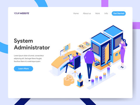 Landing page template of System Administrator Isometric Illustration Concept. Modern design concept of web page design for website and mobile website.Vector illustration EPS 10