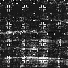 Grunge abstract pattern with cross element. Square black and white backdrop.