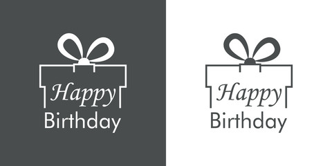 Logotipo con texto Happy Birthday en caja de regalo lineal en gris y blanco © teracreonte