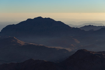 Egypt. Mount Sinai in the morning at sunrise. (Mount Horeb, Gabal Musa, Moses Mount). Pilgrimage place and famous touristic destination.