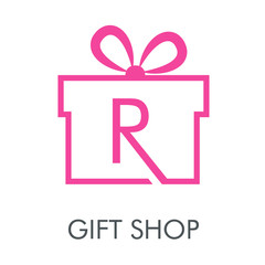 Logotipo con texto GIFT SHOP con letra R en caja de regalo lineal en color rosa