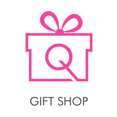 Logotipo con texto GIFT SHOP con letra Q en caja de regalo lineal en color rosa