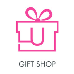 Logotipo con texto GIFT SHOP con letra U en caja de regalo lineal en color rosa