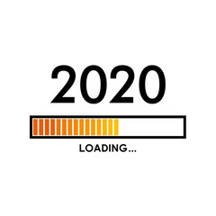 Icono plano con texto LOADING 2020 con barra progreso en color naranja