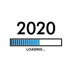 Icono plano con texto LOADING 2020 con barra progreso en color azul