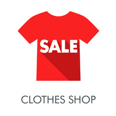 Logotipo con texto CLOTHES SHOP con camiseta con texto SALE con sombra en color rojo