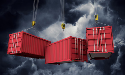 Shipping containers hanging from a crane against dark clouds. 3D Render
